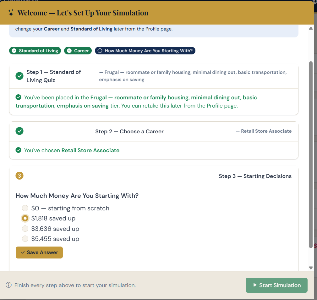 Student onboarding screen showing career selection and starting cash