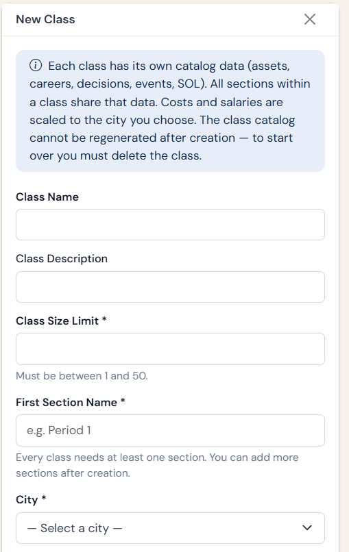 Teacher class creation page with city and cost-of-living settings
